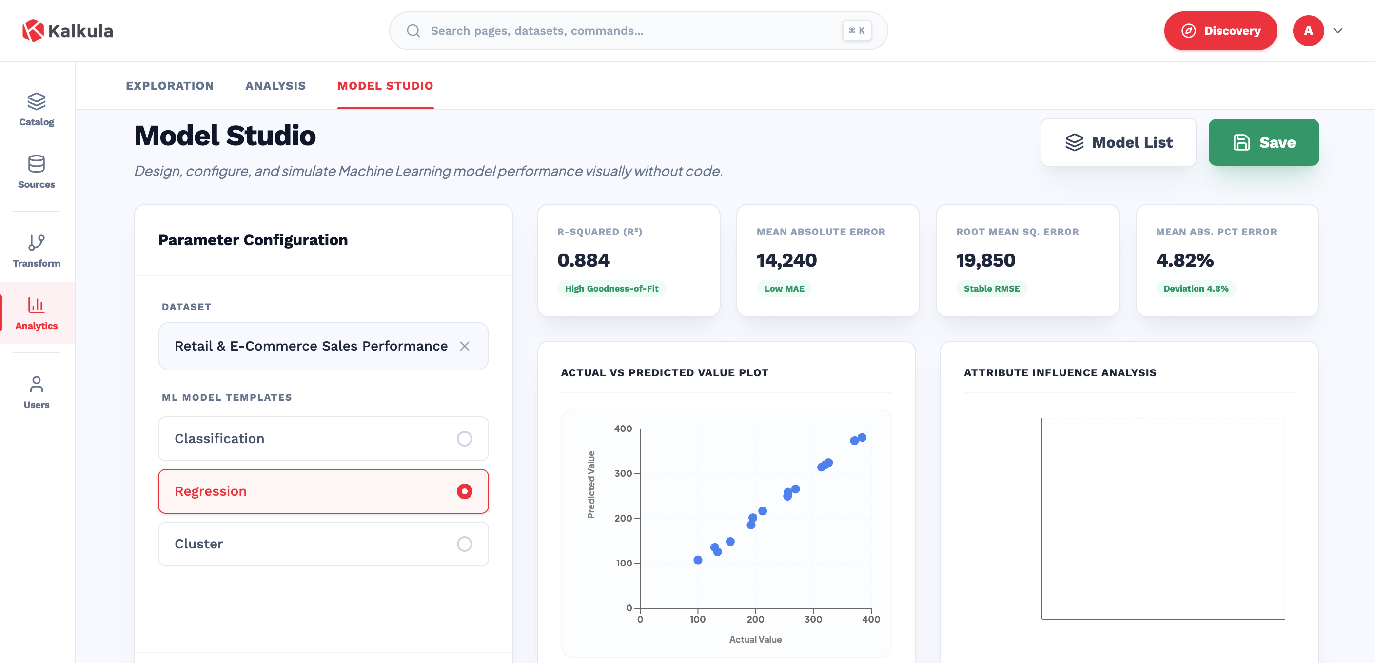 Kalkula Model Studio, configuring and inspecting a machine-learning model without code